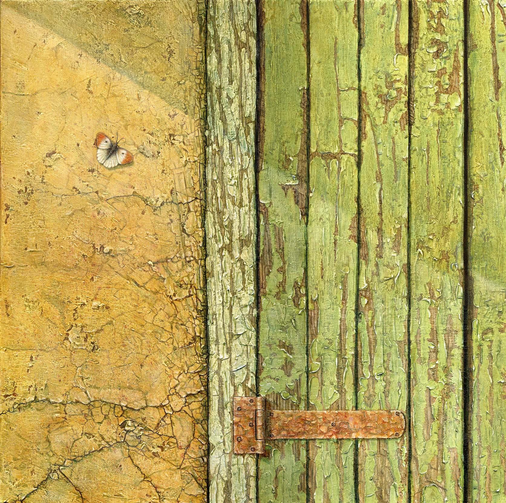 Mike Ellis Animal Painting - Sunbathing - photorealistic wabi-sabi oil painting butterfly beige decaying door