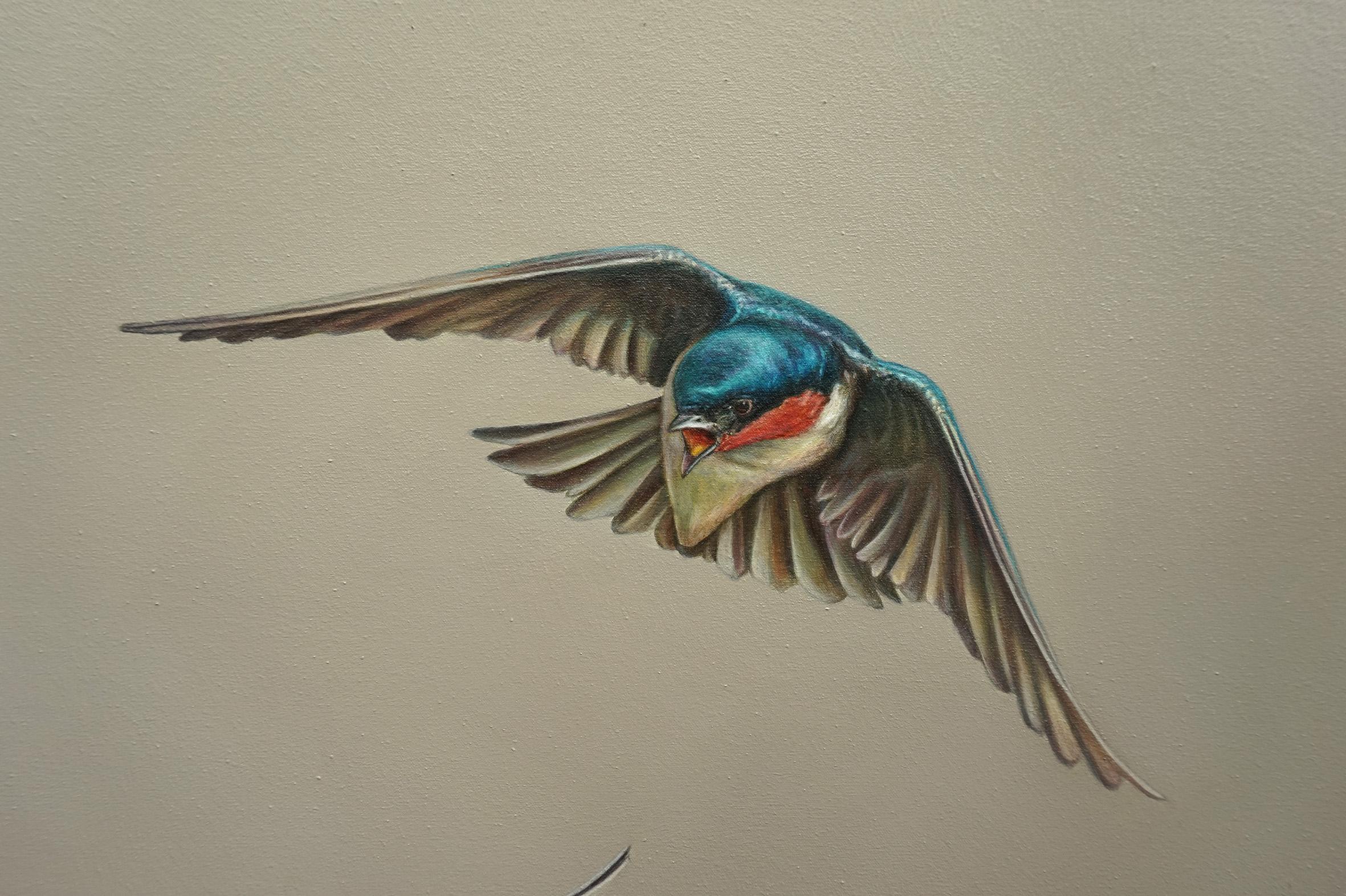 The Message -minimalist brown and blue wabi-sabi bird painting oil on canvas - Painting by Mike Ellis