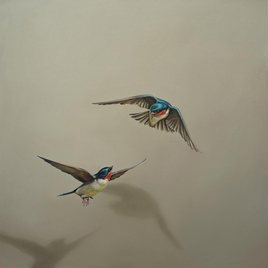 Mike Ellis Animal Painting - The Message -minimalist brown and blue wabi-sabi bird painting oil on canvas
