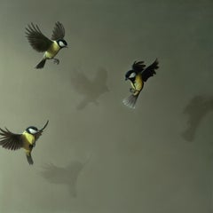 Trinitas - contemporary realism three birds great tits painting oil on board