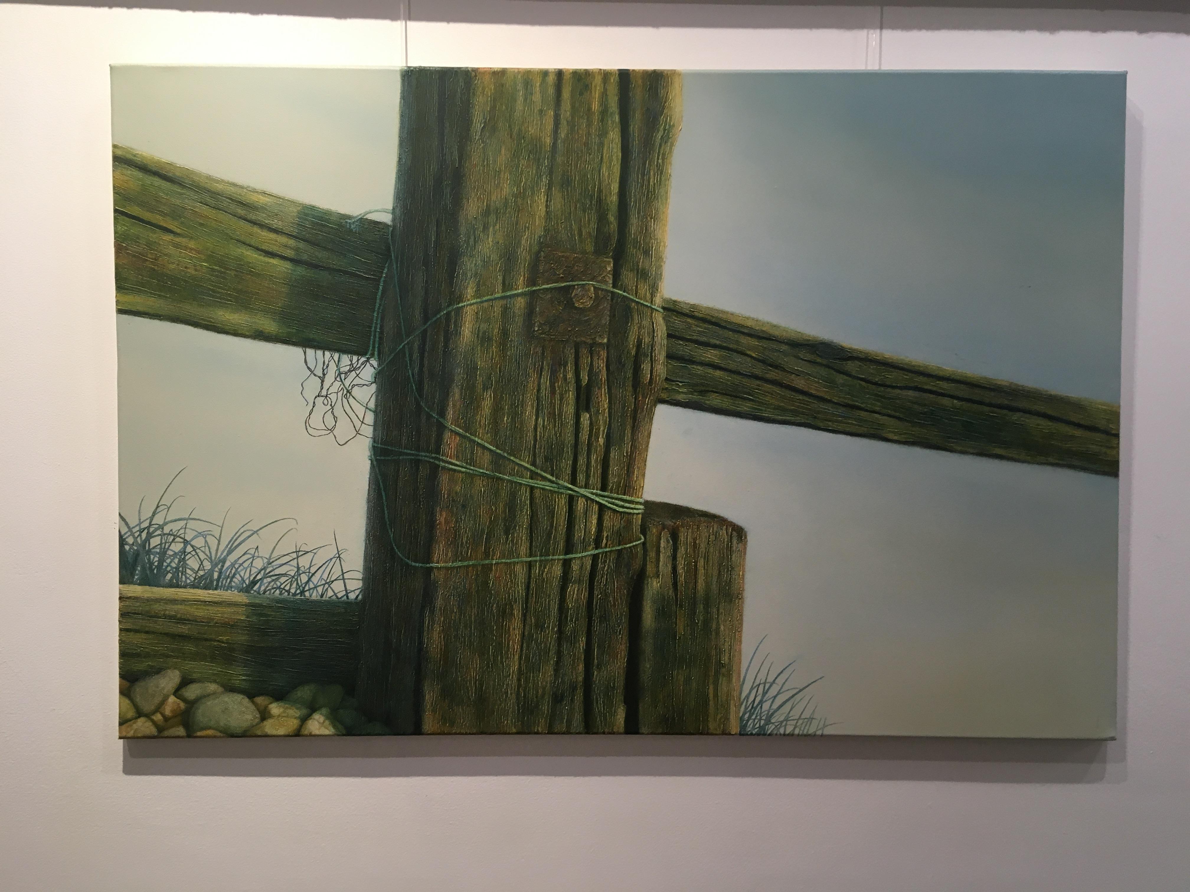 Wood Fence  - contemporary photorealistic unframed oil painting on canvas - Painting by Mike Ellis