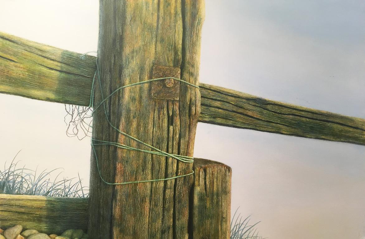 Mike Ellis Landscape Painting - Wood Fence  - contemporary photorealistic unframed oil painting on canvas