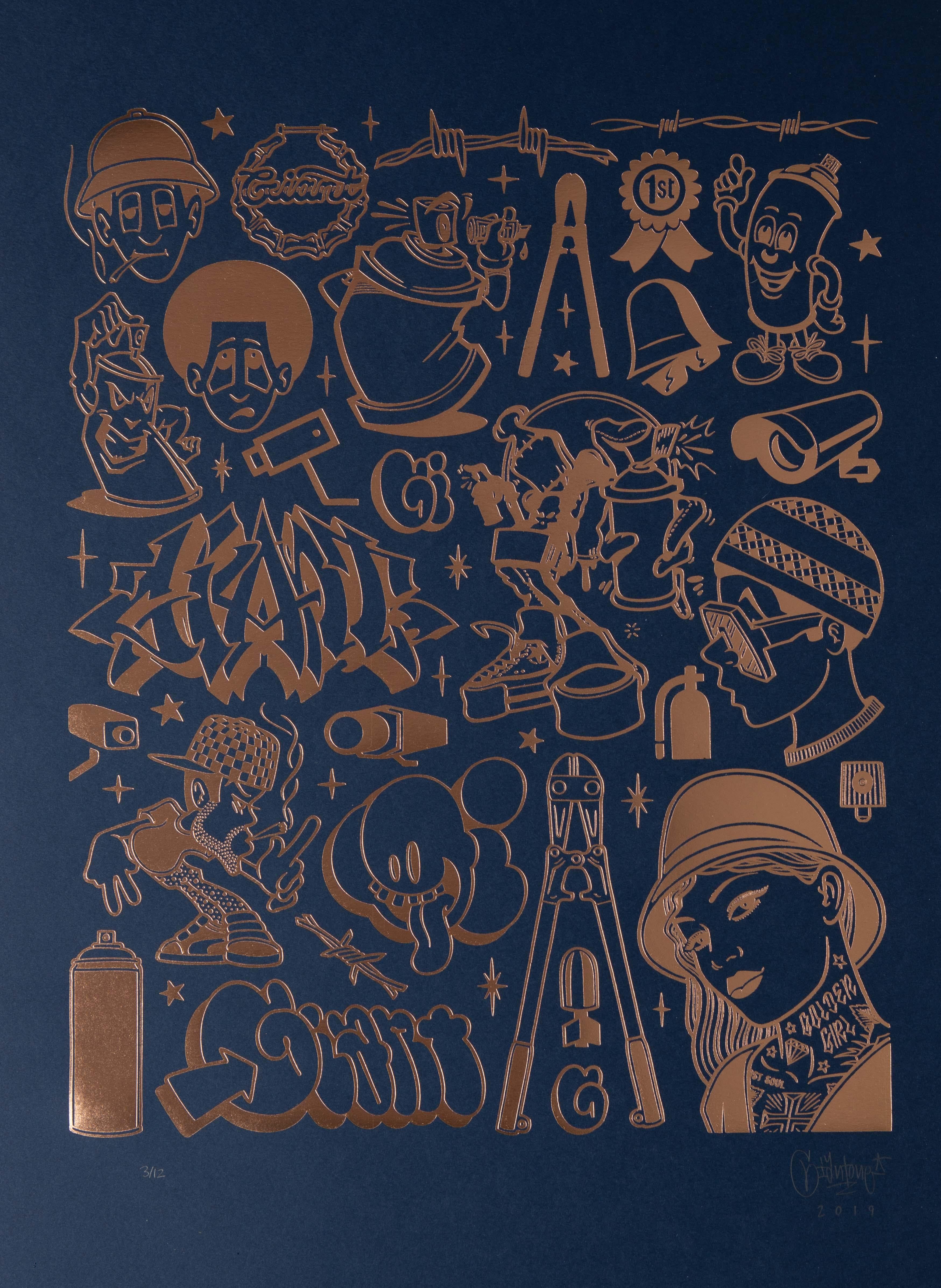 Mike Giant Abstract Print - Modern Heiroglyphics - Graffiti: Copper Edition