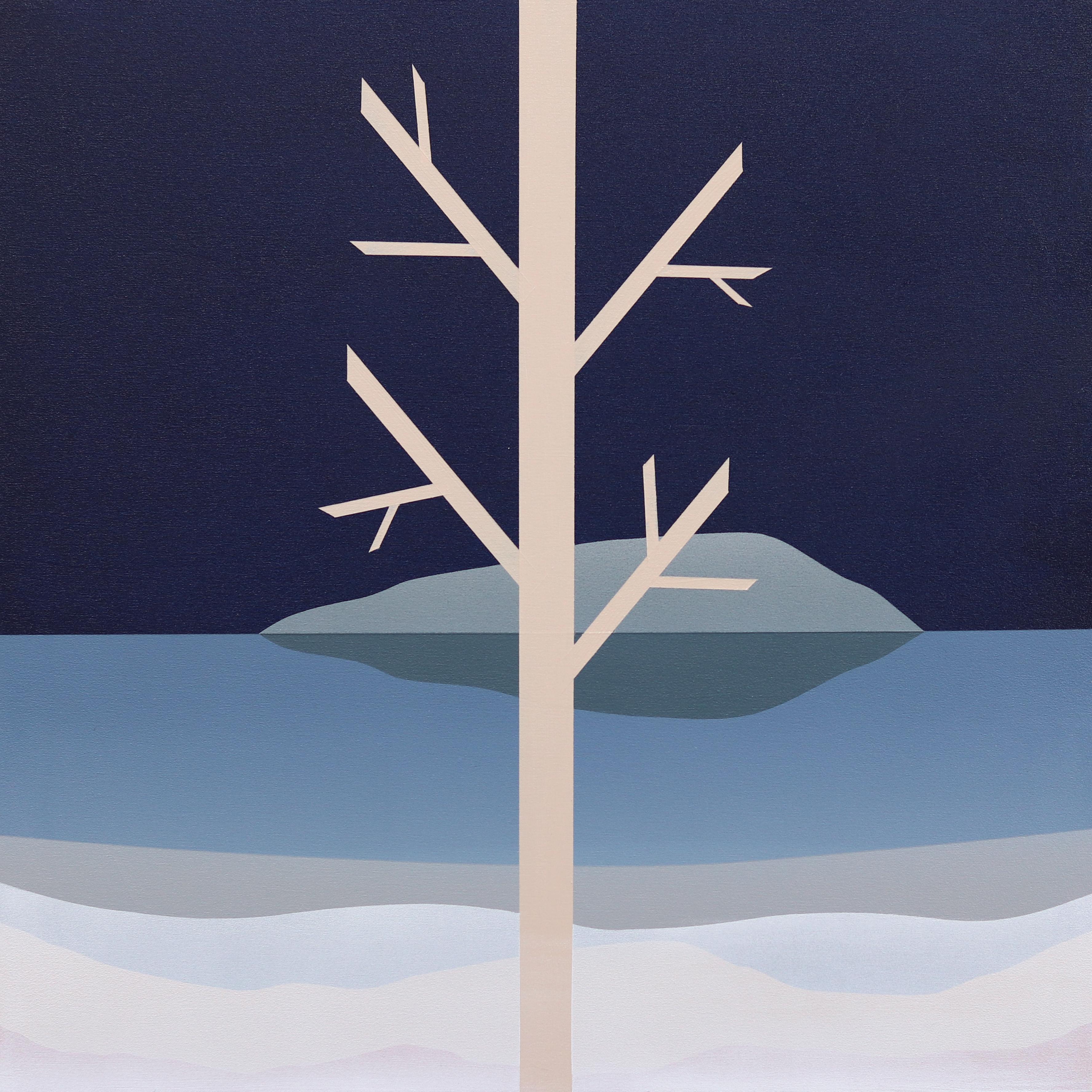 Mike Gough Landscape Painting – At The Lake  -  Minimalistisches figuratives Landschaftsgemälde 