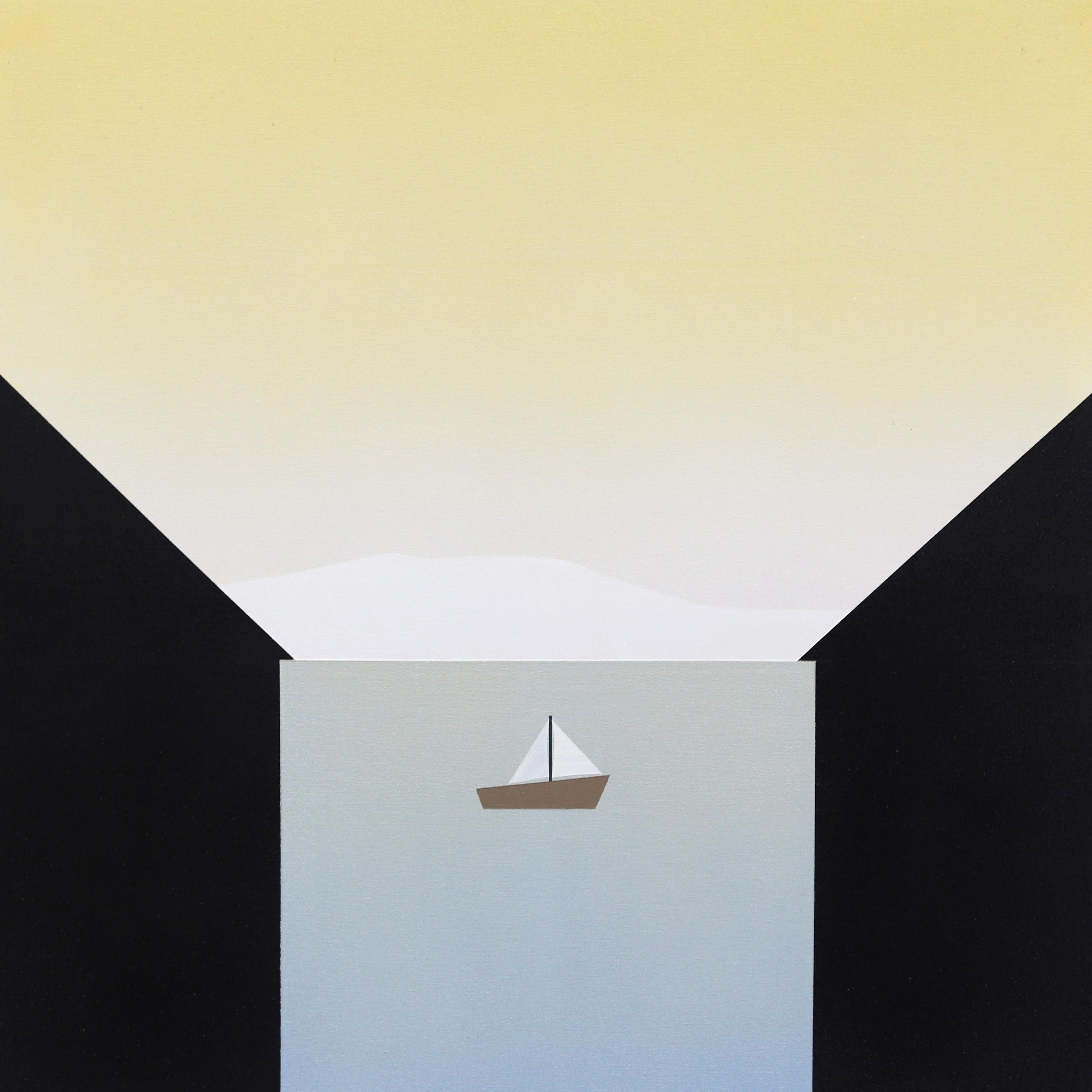 Mike Gough Landscape Painting – Between - Minimalistische Scenic Landscape Gemälde Boot auf Wasser