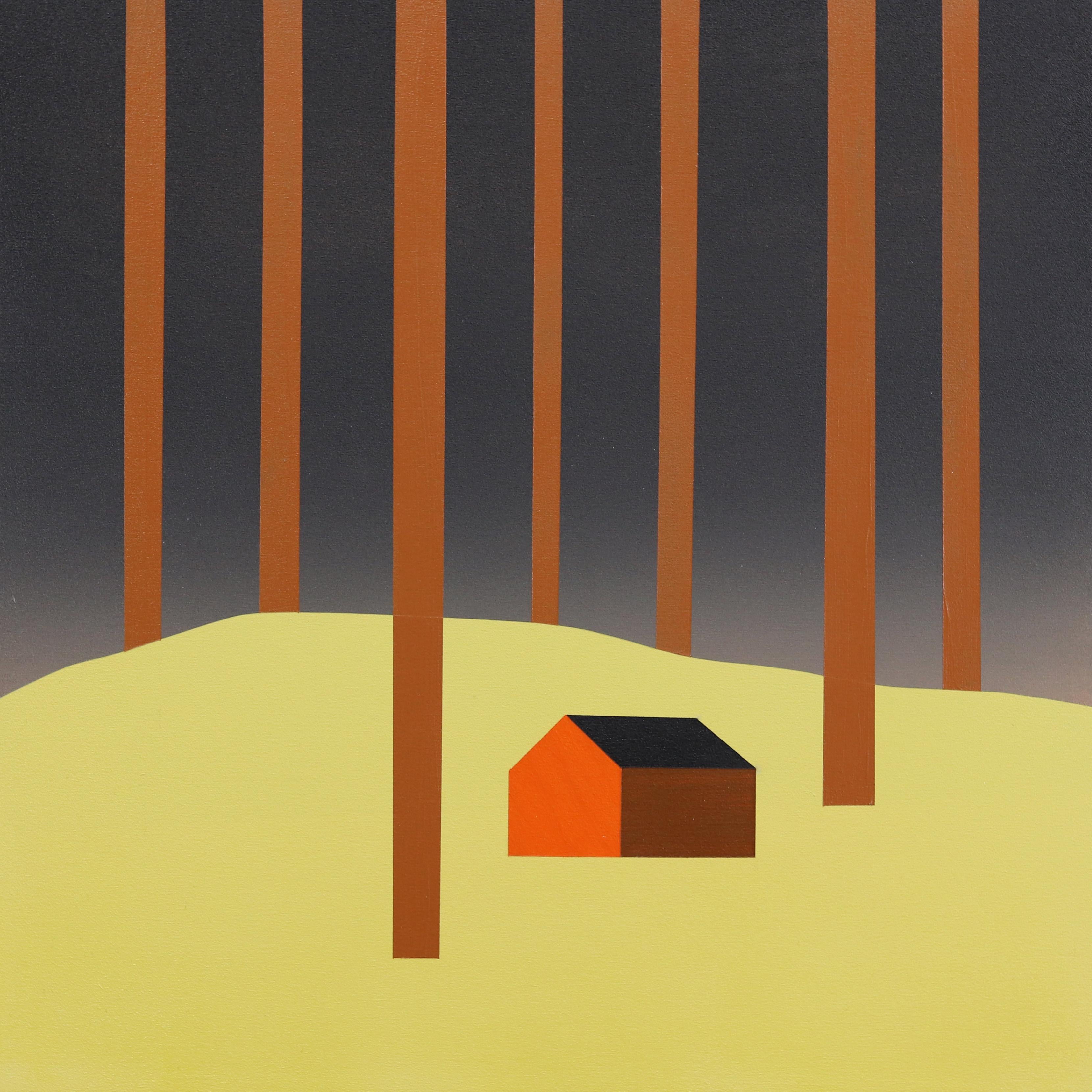 Cabin im September  -  Minimalistisches figuratives Landschaftsgemälde  – Mixed Media Art von Mike Gough