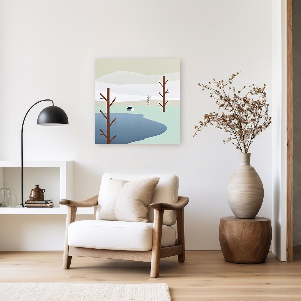 Casa cerca del lago -  Pintura minimalista de un paisaje sereno - Painting de Mike Gough