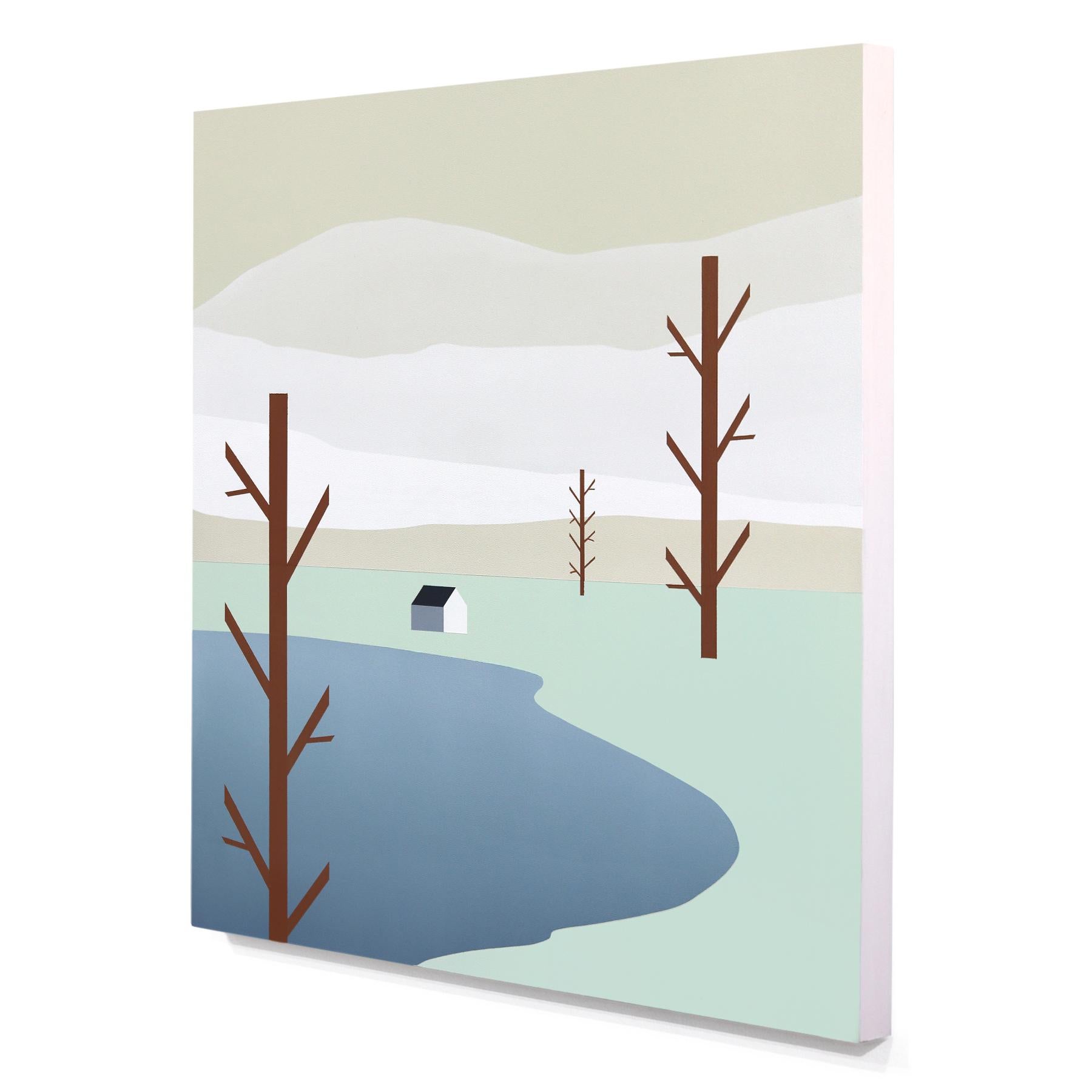 Casa cerca del lago -  Pintura minimalista de un paisaje sereno - Landscape Painting Gris de Mike Gough