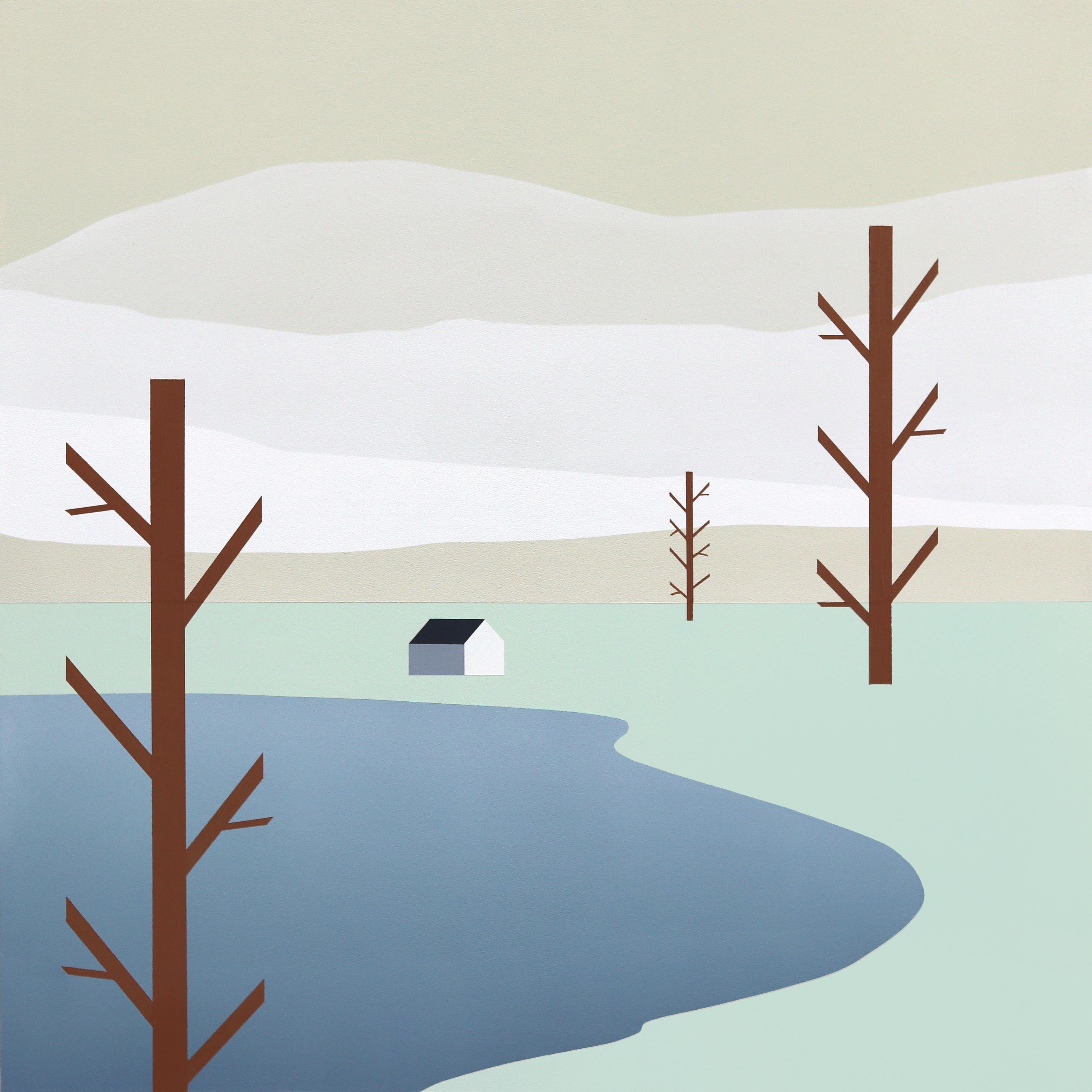 Casa cerca del lago -  Pintura minimalista de un paisaje sereno