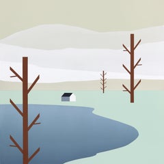 Casa cerca del lago -  Pintura minimalista de un paisaje sereno