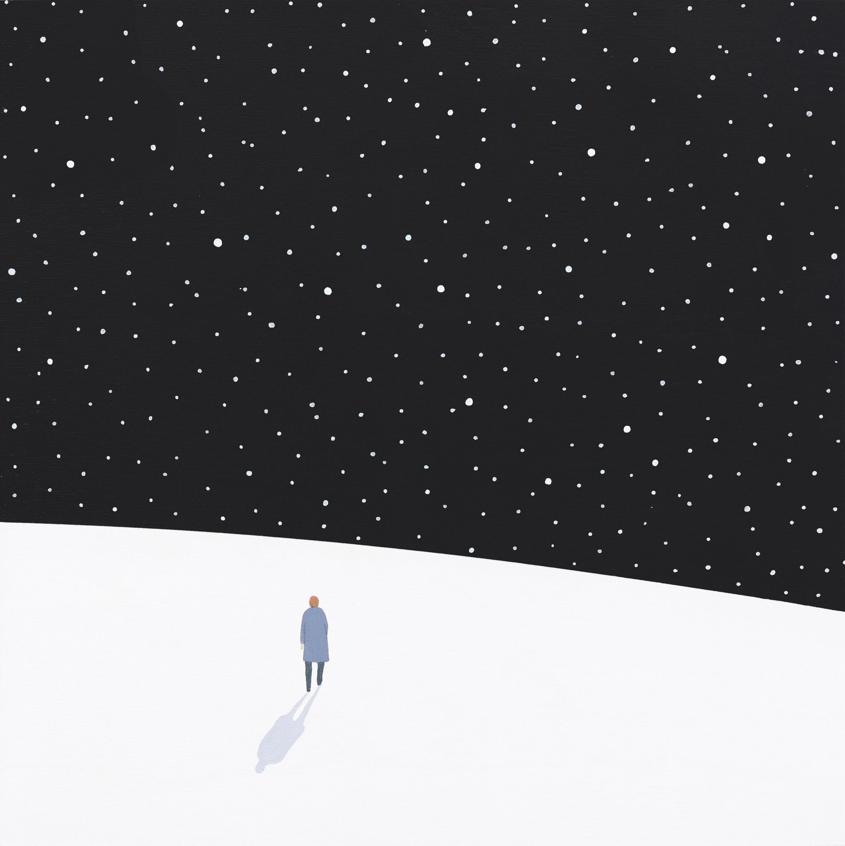 Mike Gough Landscape Painting – Into The Dark – Minimalistisches szenisches Landschaftsgemälde in der Nacht