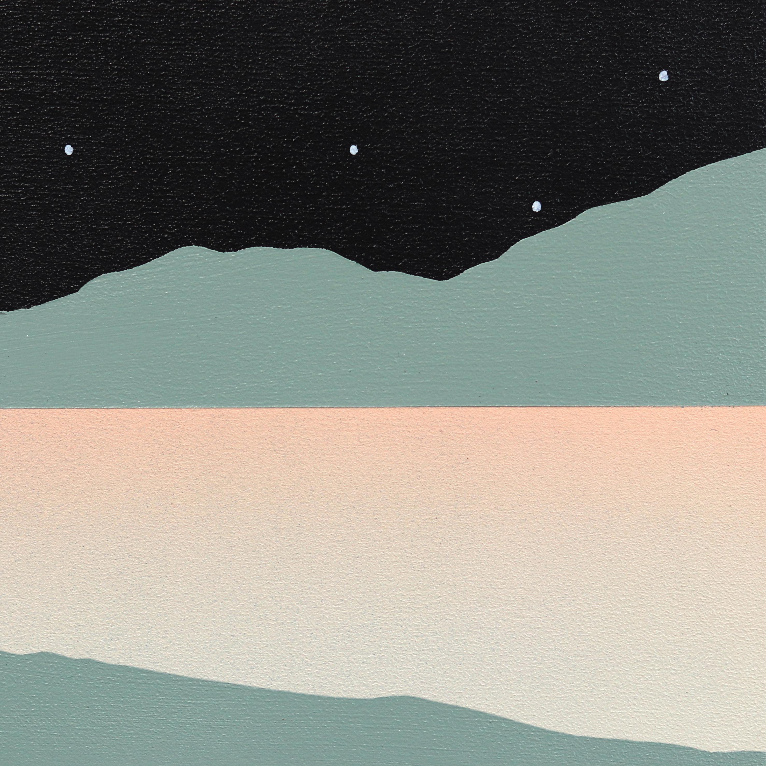 Loft on the Peninsula - Minimalist Scenic Nighttime Landscape Painting For Sale 4