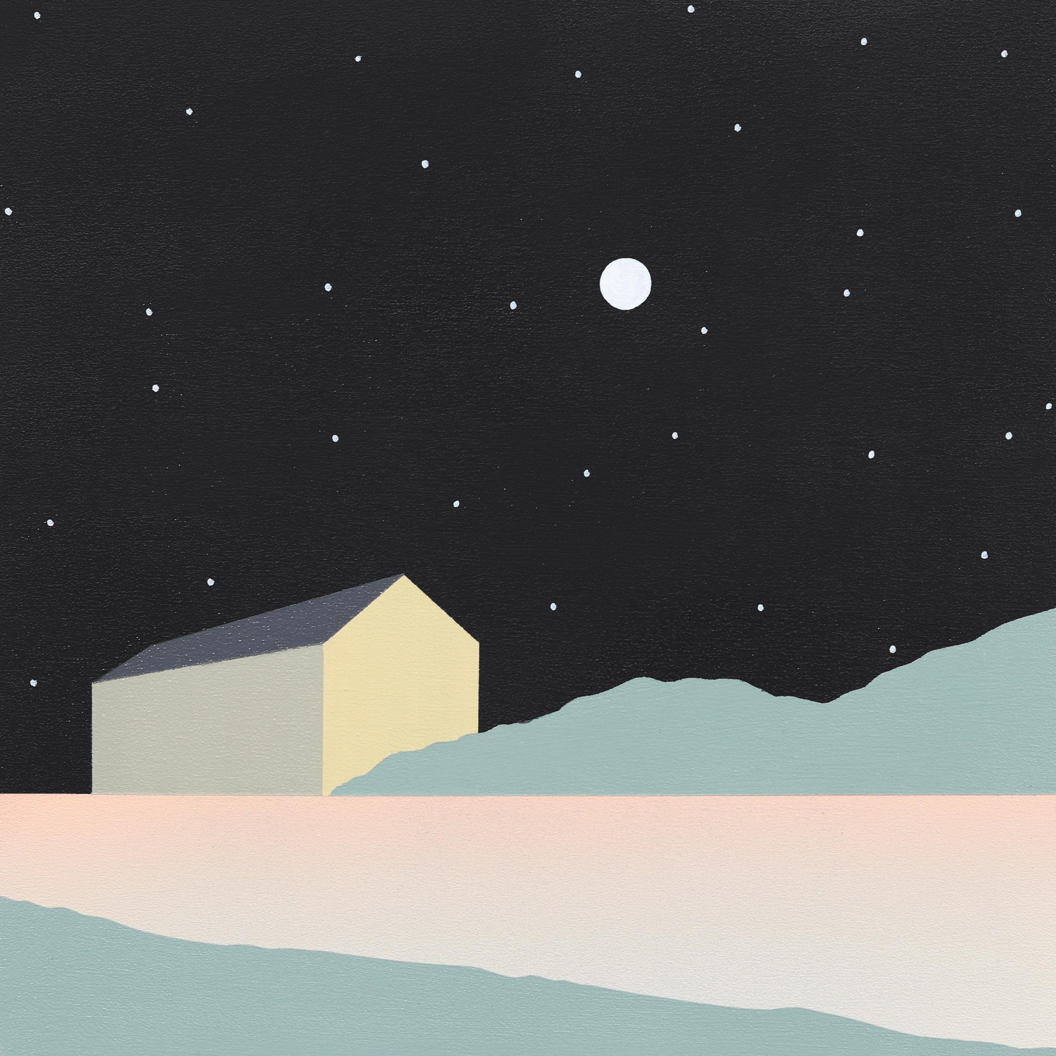 Loft on the Peninsula – Minimalistisches szenisches Landschaftsgemälde in der Nacht – Mixed Media Art von Mike Gough