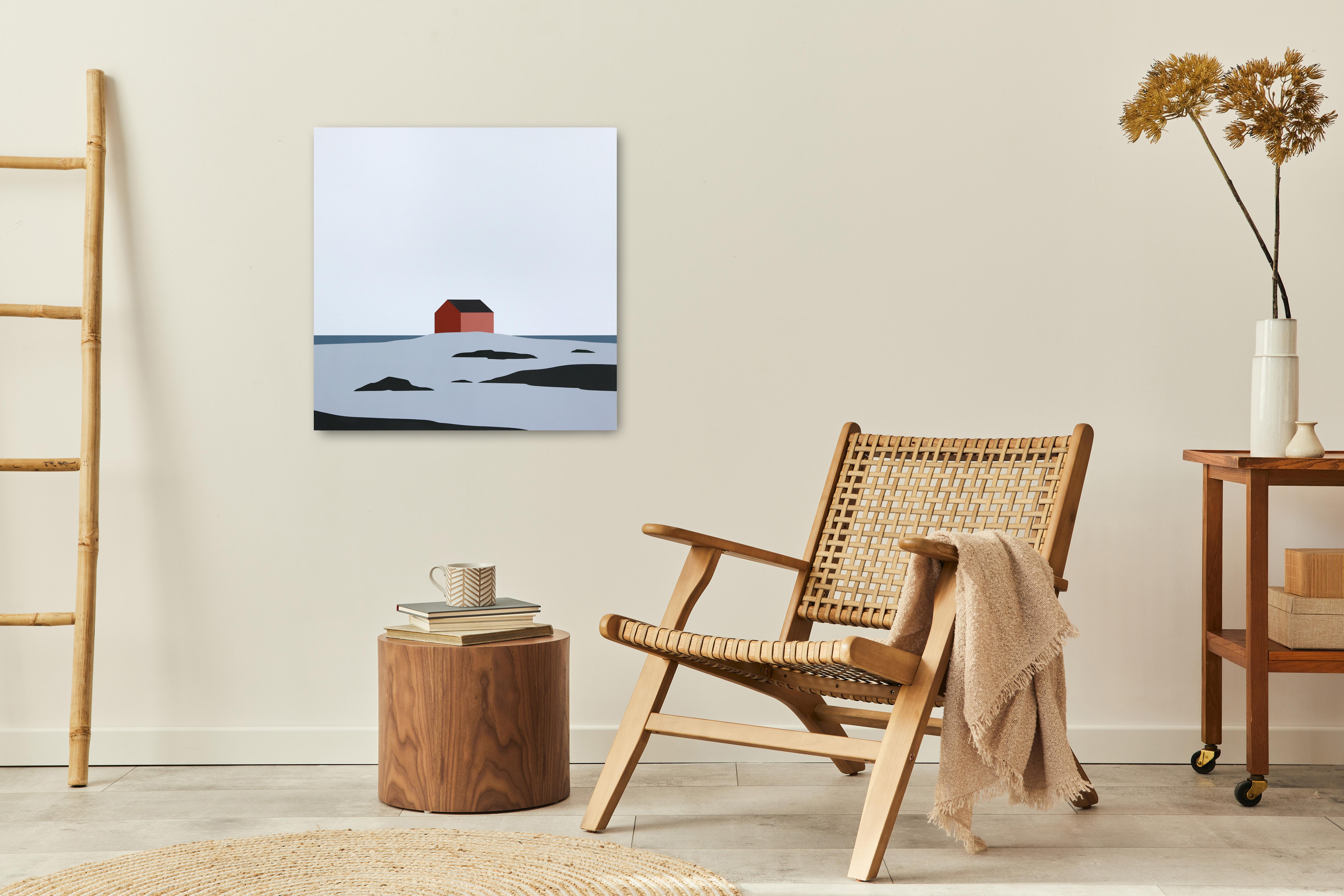 Red House, Fogo  Peinture de paysage d'ambiance minimaliste - Contemporain Mixed Media Art par Mike Gough