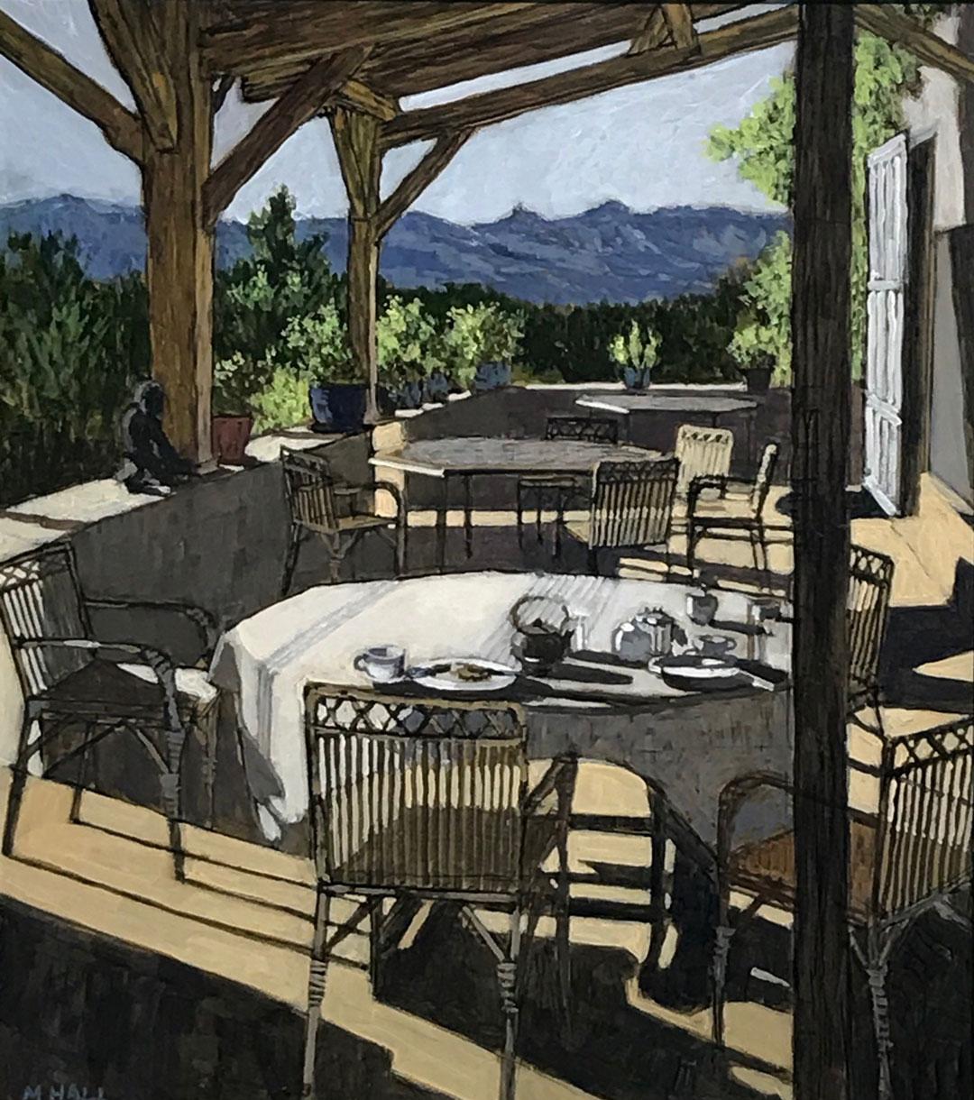 Breakfast Table - landscape view table shelter bright light acrylic painting