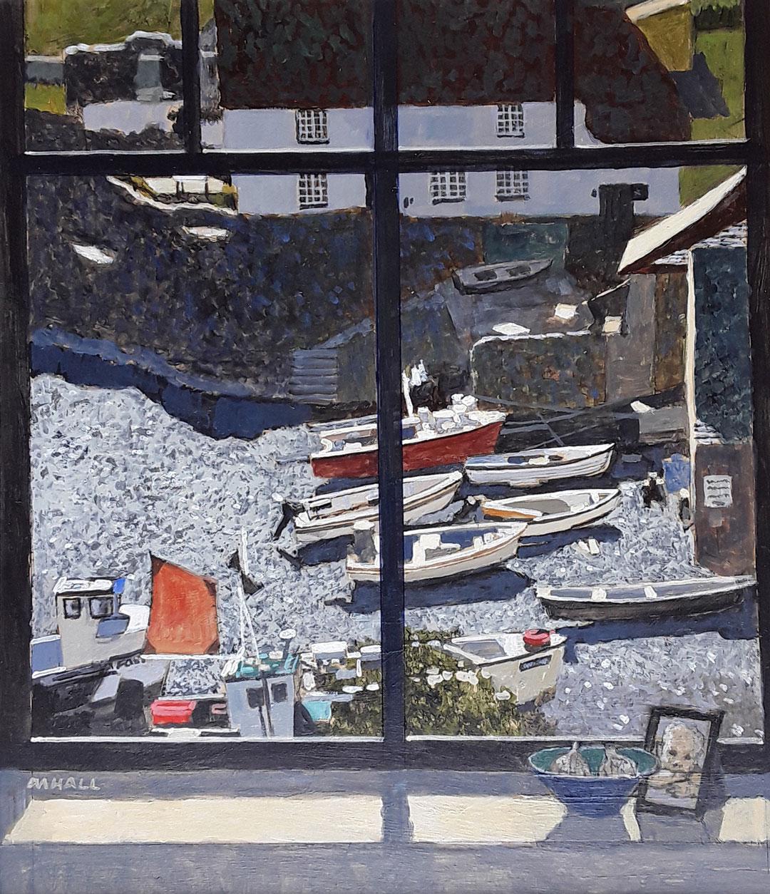 Mike Hall Landscape Painting - Cadgwith Harbour - seascape view boats bright light window acrylic painting