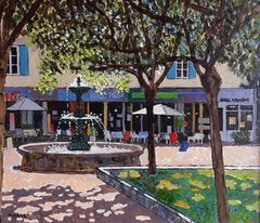 Fountain Square, St. Junien - contemporary acrylic landscape sunlight trees 