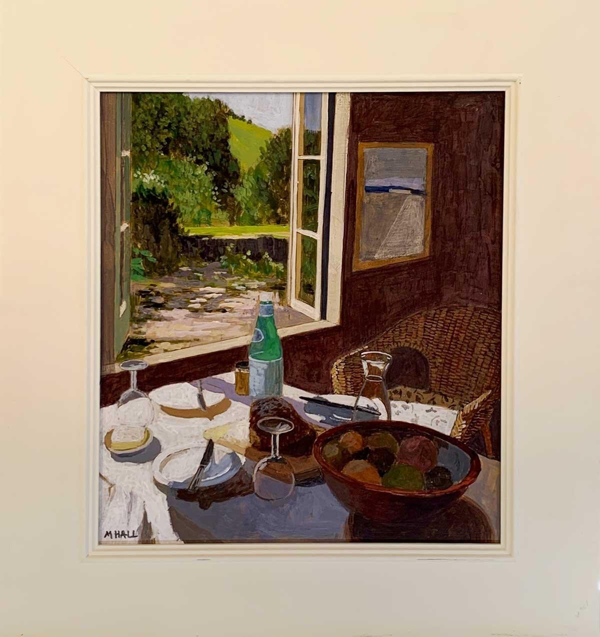 Lunch with Garden View - contemporary still-life window landscape room interior - Painting by Mike Hall