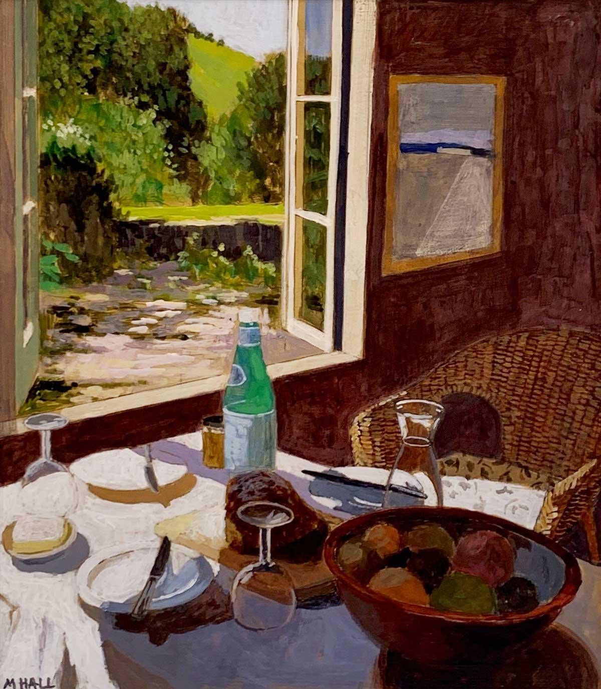 Mike Hall Landscape Painting - Lunch with Garden View - contemporary still-life window landscape room interior