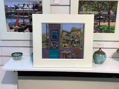 Portsoy Harbour - paisaje contemporáneo puerto barcos río pintura acrílica