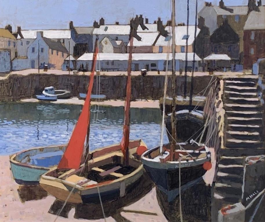 Portsoy Harbour - contemporary landscape harbour boats river acrylic painting - Painting by Mike Hall