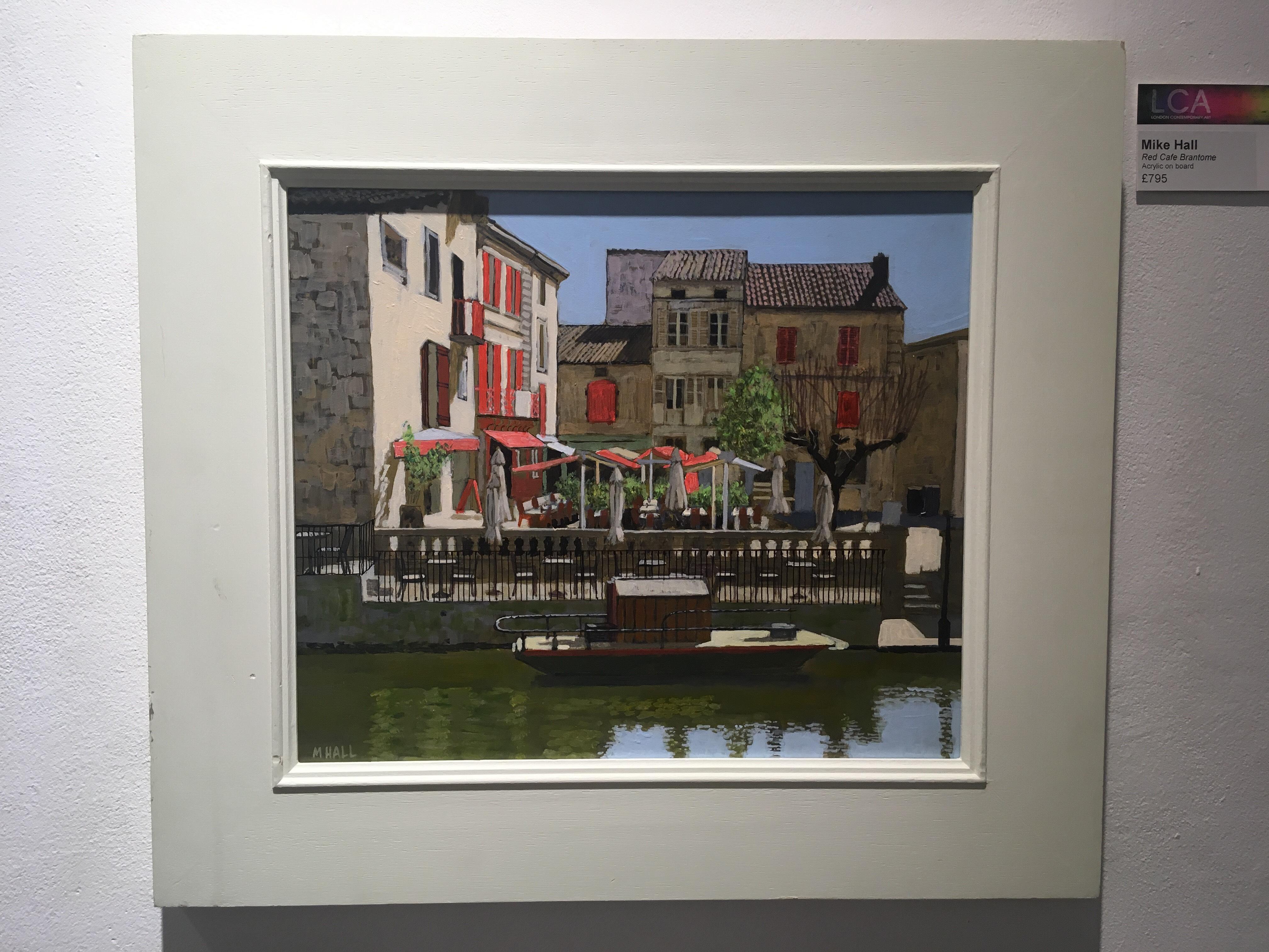 Red Cafe Brantome -  French sunny townscape river boat acrylic painting on board - Painting by Mike Hall