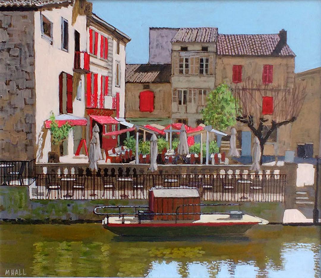 Red Cafe Brantome -  French sunny townscape river boat acrylic painting on board