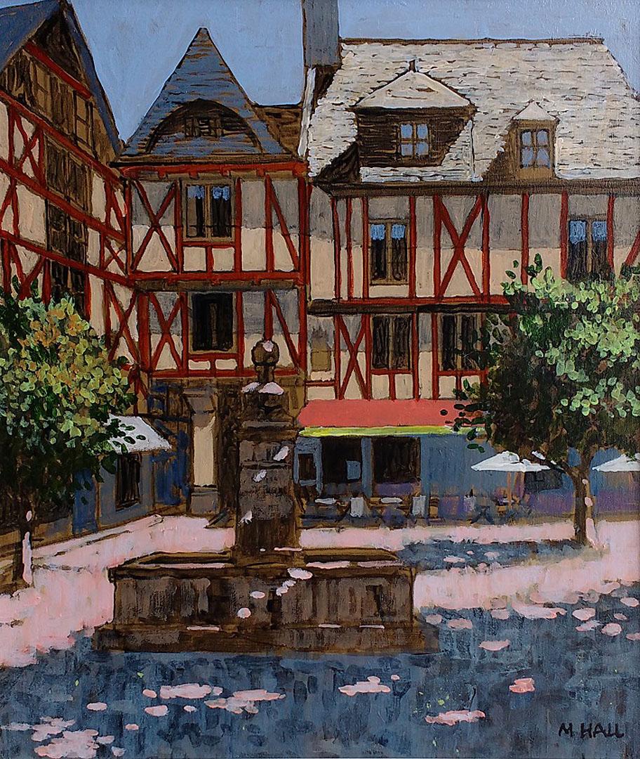 Mike Hall Landscape Painting - Shaded Square, Brittany - French sunny townscape fountain acrylic painting 