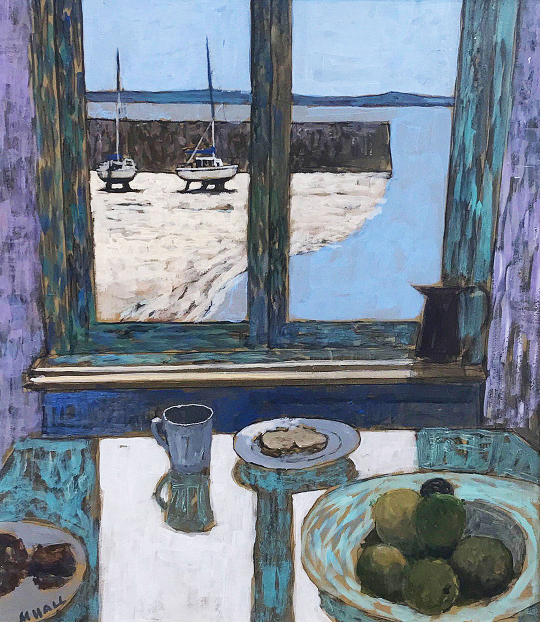 Mike Hall Interior Painting - View of the Harbour with Still Life - acrylic painting window boats coast sea