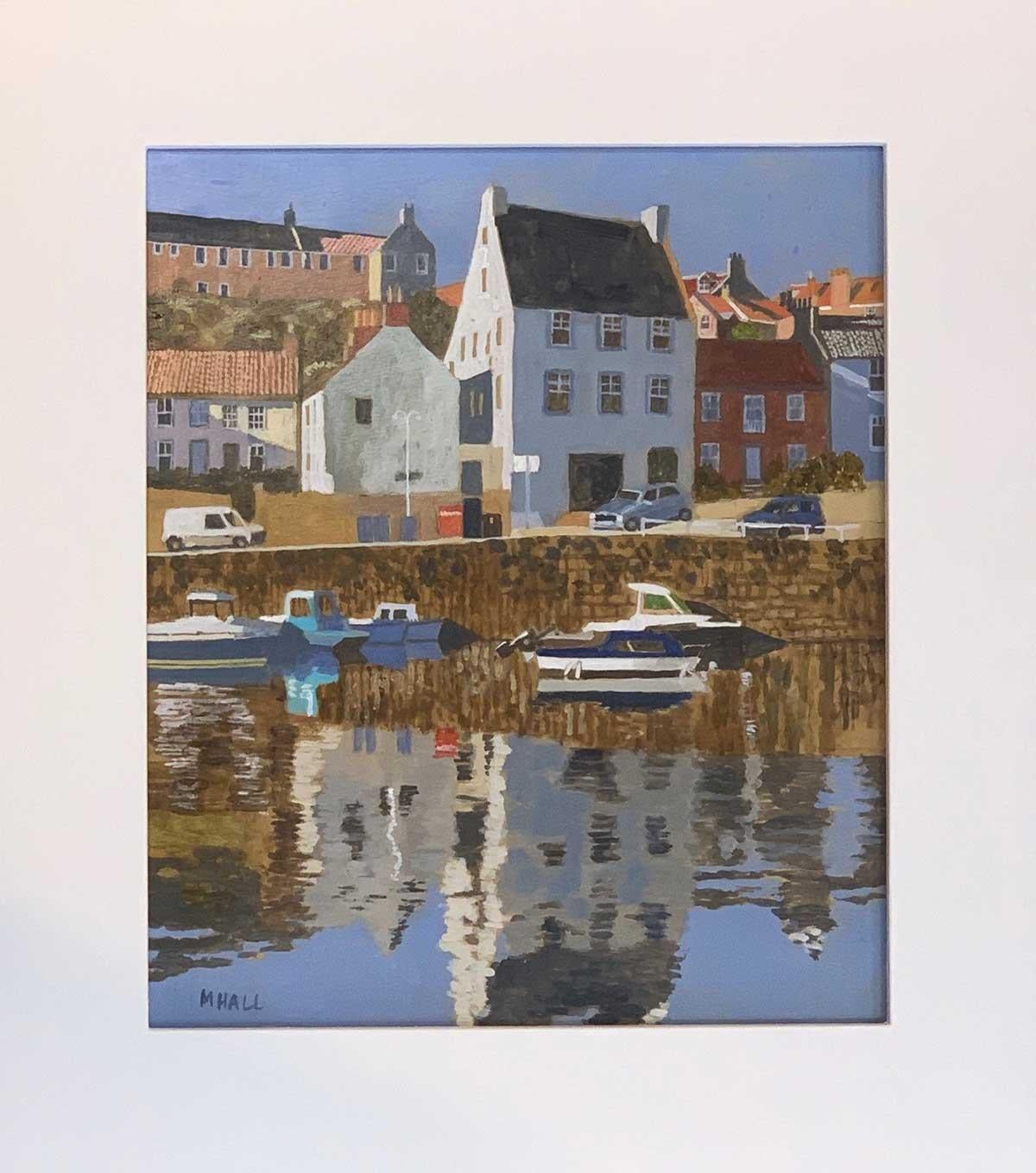 Sunlit Harbour, Crail - contemporary Scottish landscape boats sea bay reflection - Painting by Mike Hall