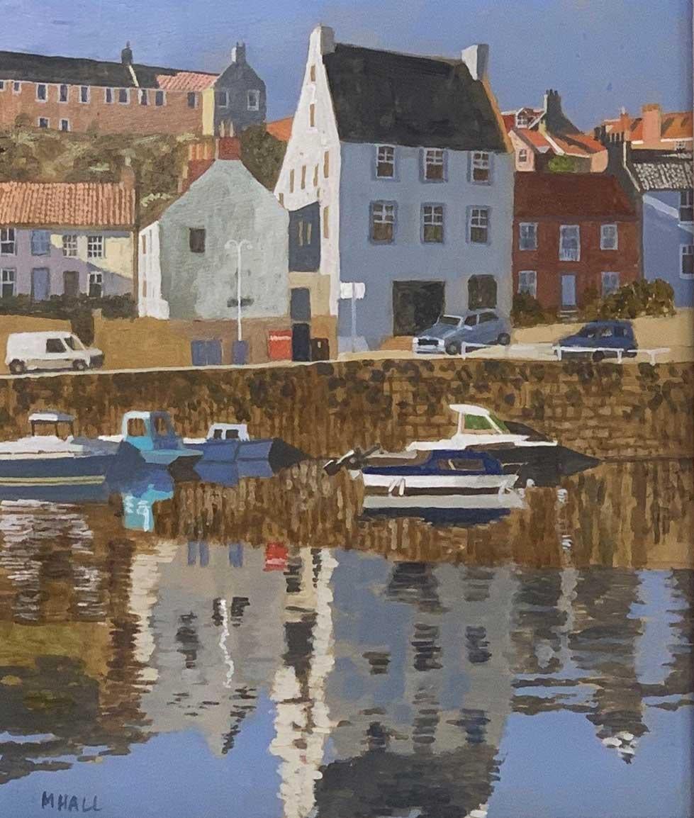 Mike Hall Landscape Painting - Sunlit Harbour, Crail - contemporary Scottish landscape boats sea bay reflection