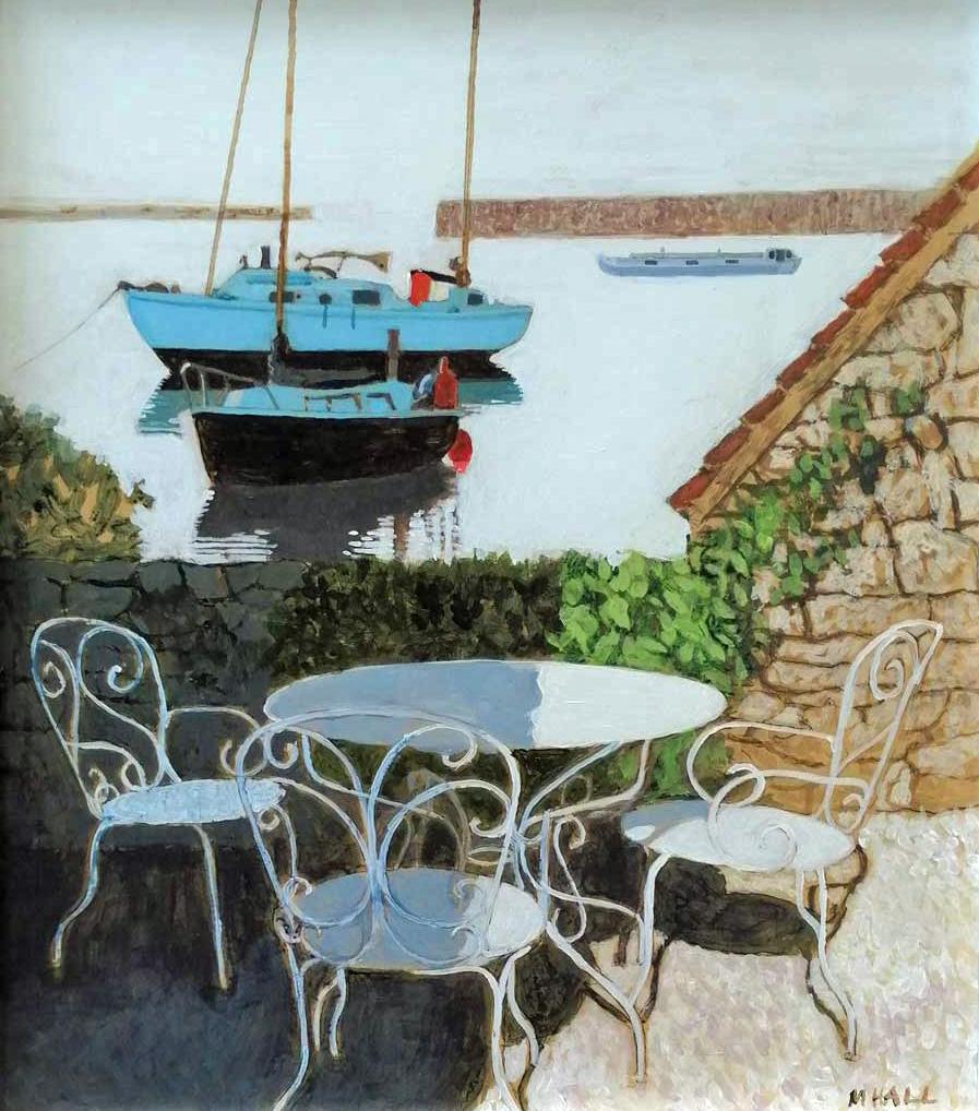 Suntrap by the Mooring -contemporary landscape boat sunny bright acrylic artwork - Painting by Mike Hall