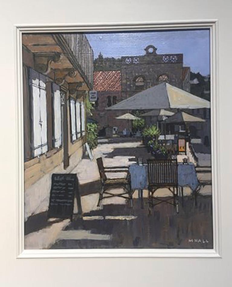 Table set for Lunch, Dordogne - sunset view French cafe white umbrella acrylic  - Painting by Mike Hall