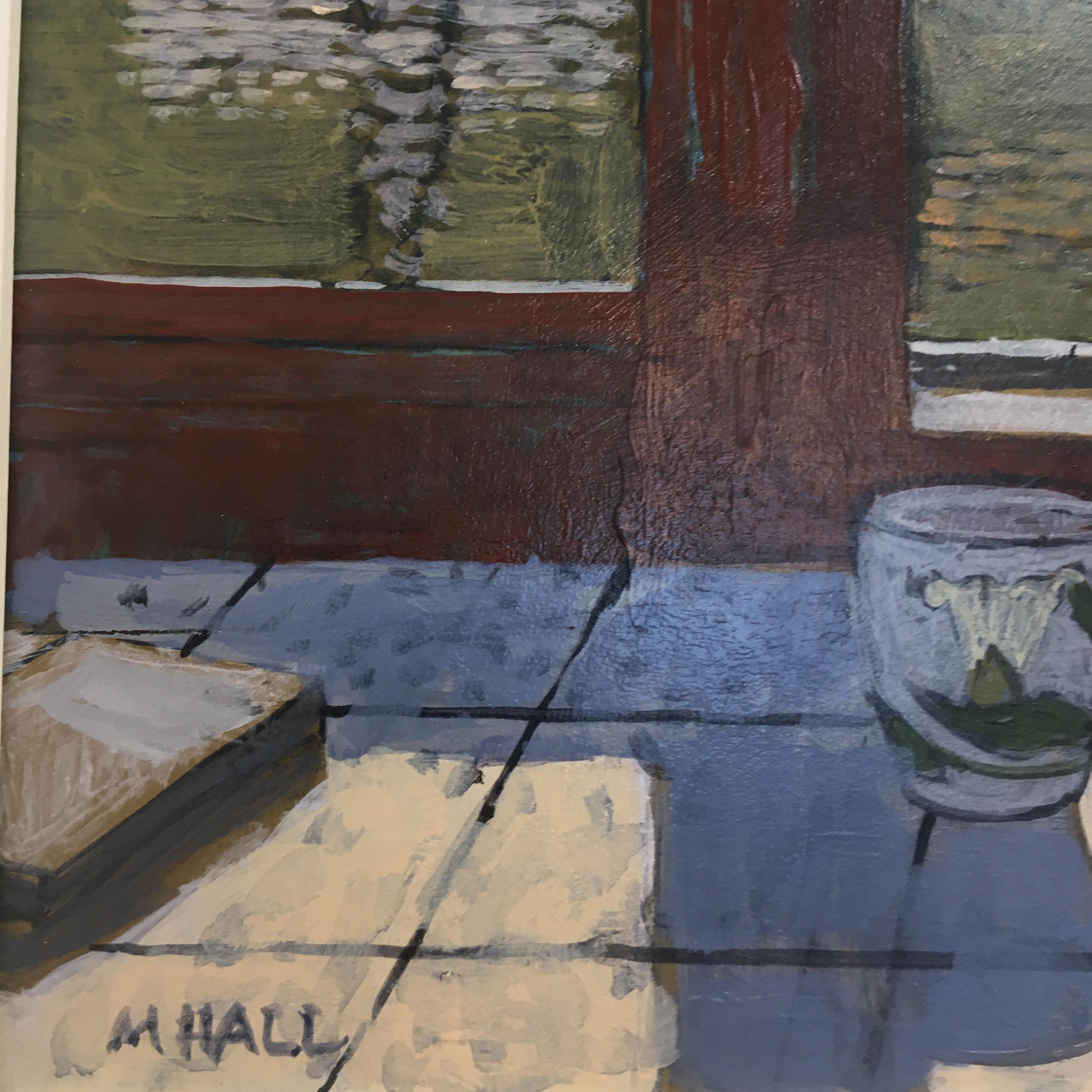 View Across the River Argenton - contemporary window view acrylic painting  - Contemporary Painting by Mike Hall