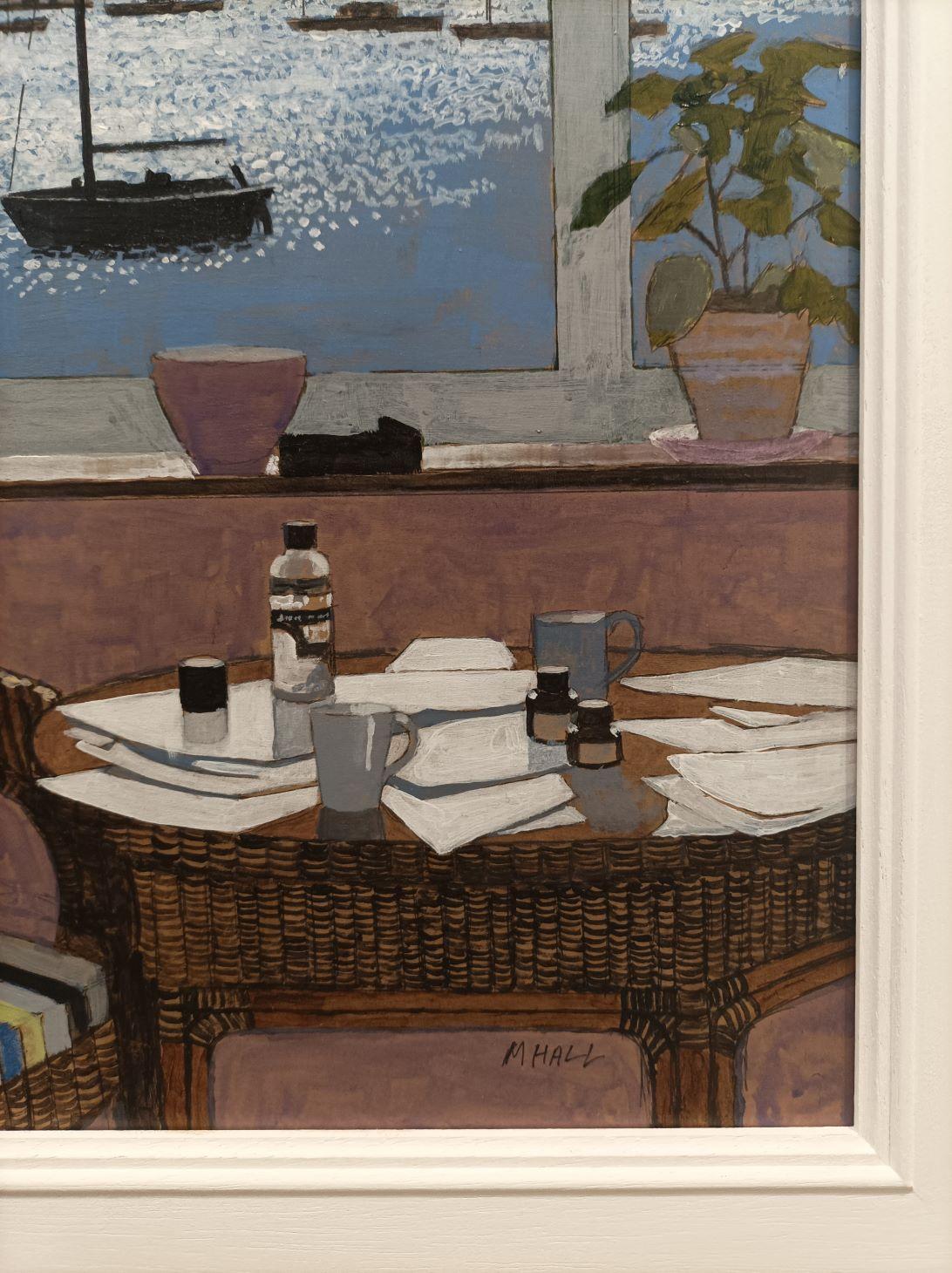 Vista da un ristorante - interno contemporaneo di natura morta con finestra e paesaggio - Painting di Mike Hall