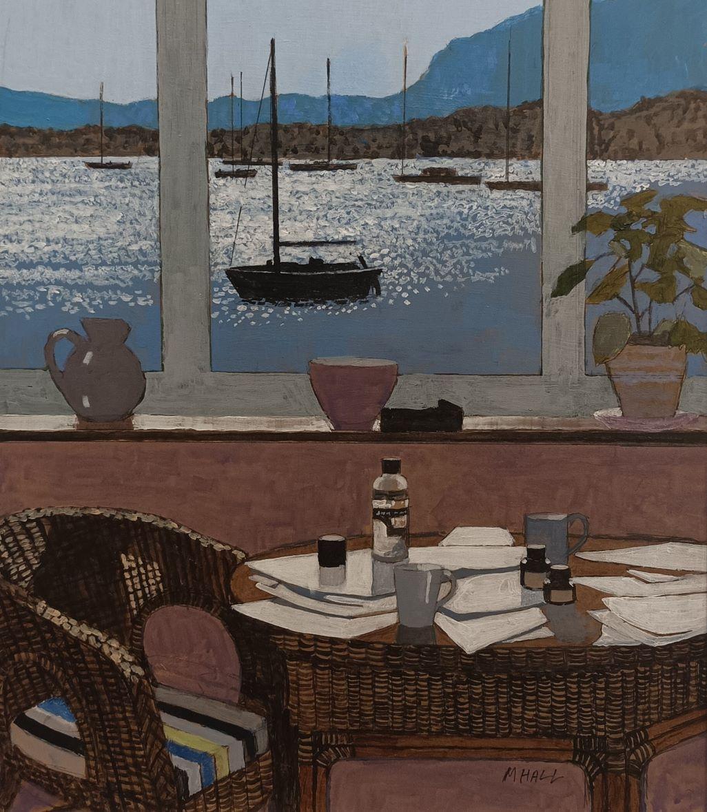 Vista da un ristorante - interno contemporaneo di natura morta con finestra e paesaggio