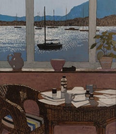 Vista da un ristorante - interno contemporaneo di natura morta con finestra e paesaggio