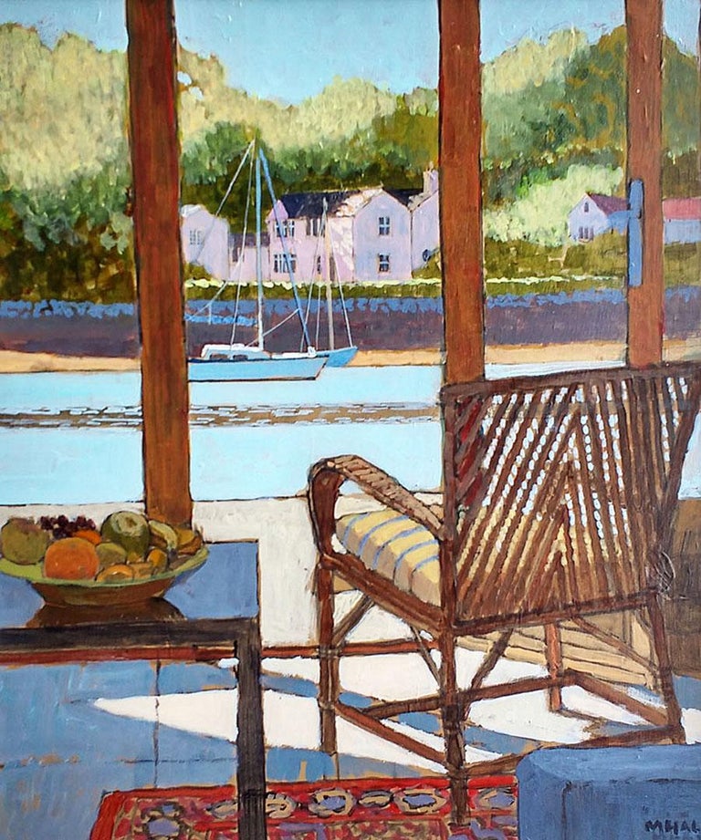 Mike Hall Still-Life Painting - View of Mylor Creek - contemporary river chair interior bright acrylic painting