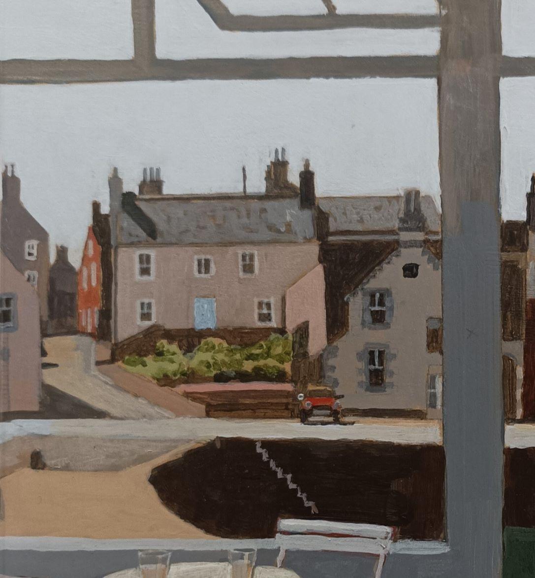 Vista di Portsoy - interno contemporaneo di finestra con natura morta e paesaggio - Painting di Mike Hall