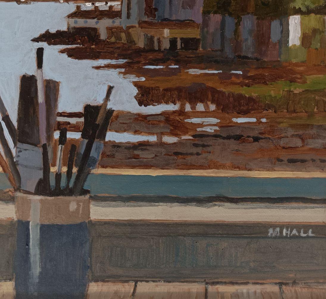 Vista di Staithe - interno contemporaneo di una finestra con natura morta e paesaggio - Painting Contemporaneo di Mike Hall