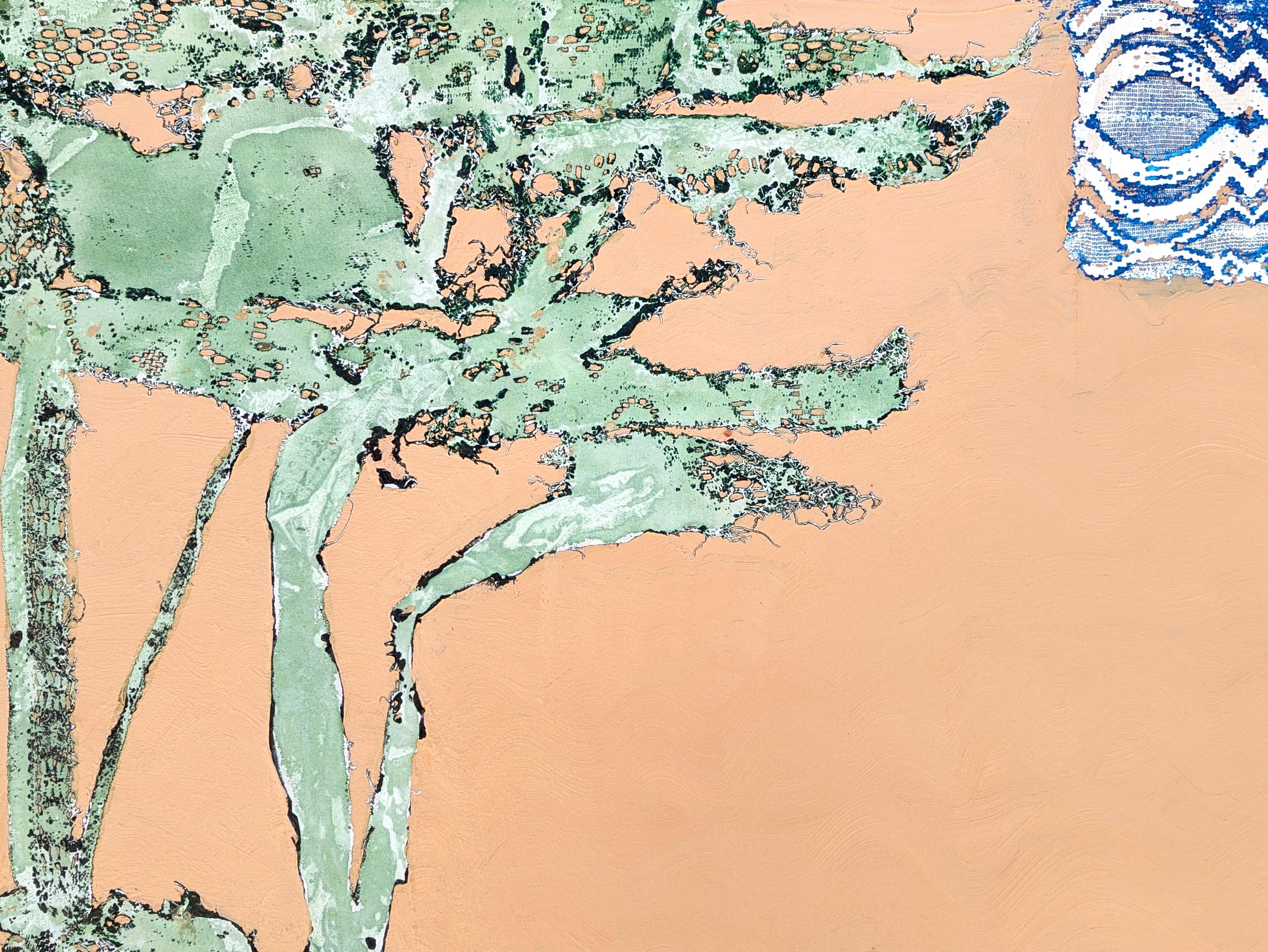 Zeitgenössisches Acrylgemälde in neutralen Farbtönen, das eine einzigartige Spitzentextur verwendet, um eine Landschaft mit einer laufenden Katze des texanischen Künstlers Mike Hoggg zu schaffen. Das Werk ist auf der Rückseite vom Künstler signiert,