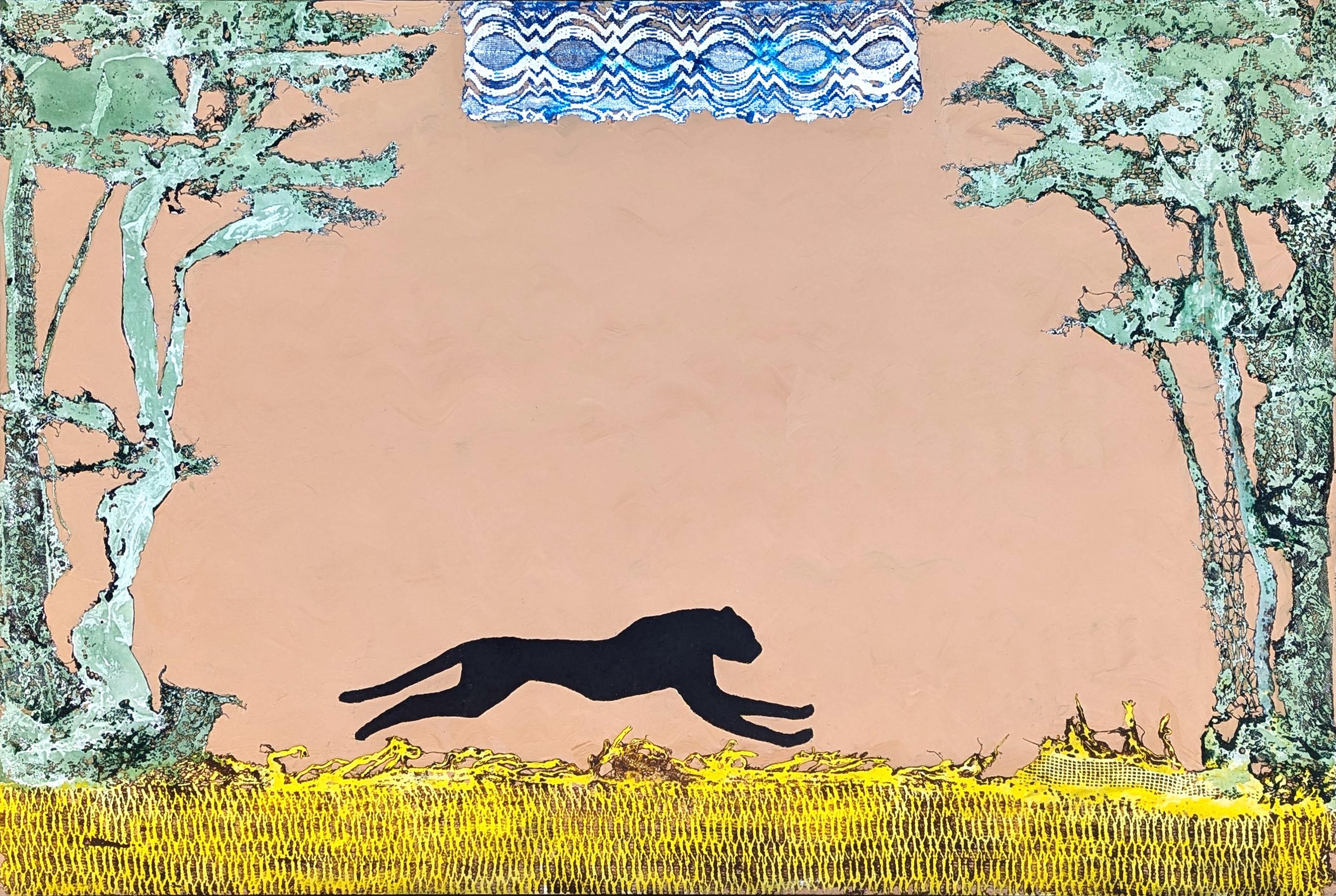 "Gato negro" Pintura abstracta contemporánea de encaje animal en tonos neutros
