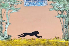 "Gato negro" Pintura abstracta contemporánea de encaje animal en tonos neutros