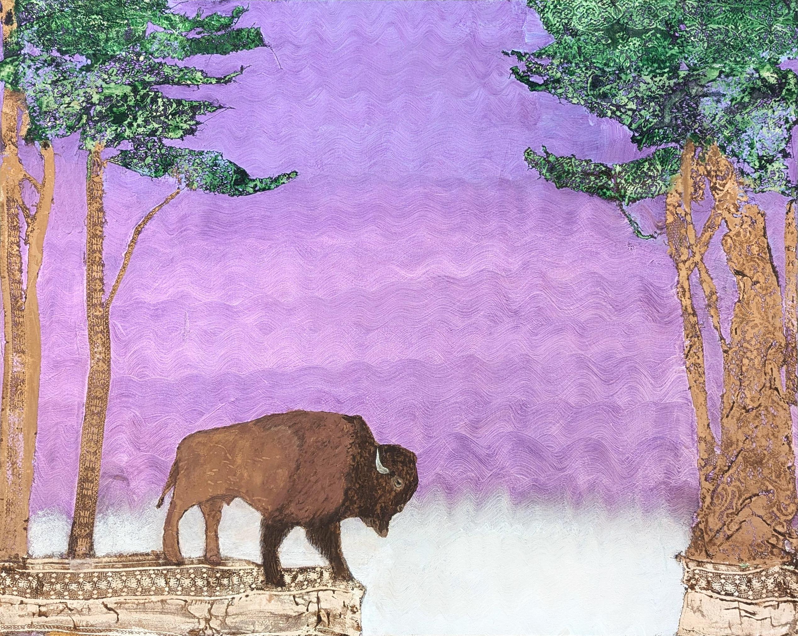 "Búfalo" Pintura Abstracta Contemporánea de Paisaje con Encaje de Animales en Tonos Morados