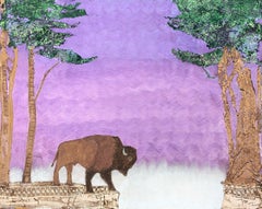 "Búfalo" Pintura Abstracta Contemporánea de Paisaje con Encaje de Animales en Tonos Morados