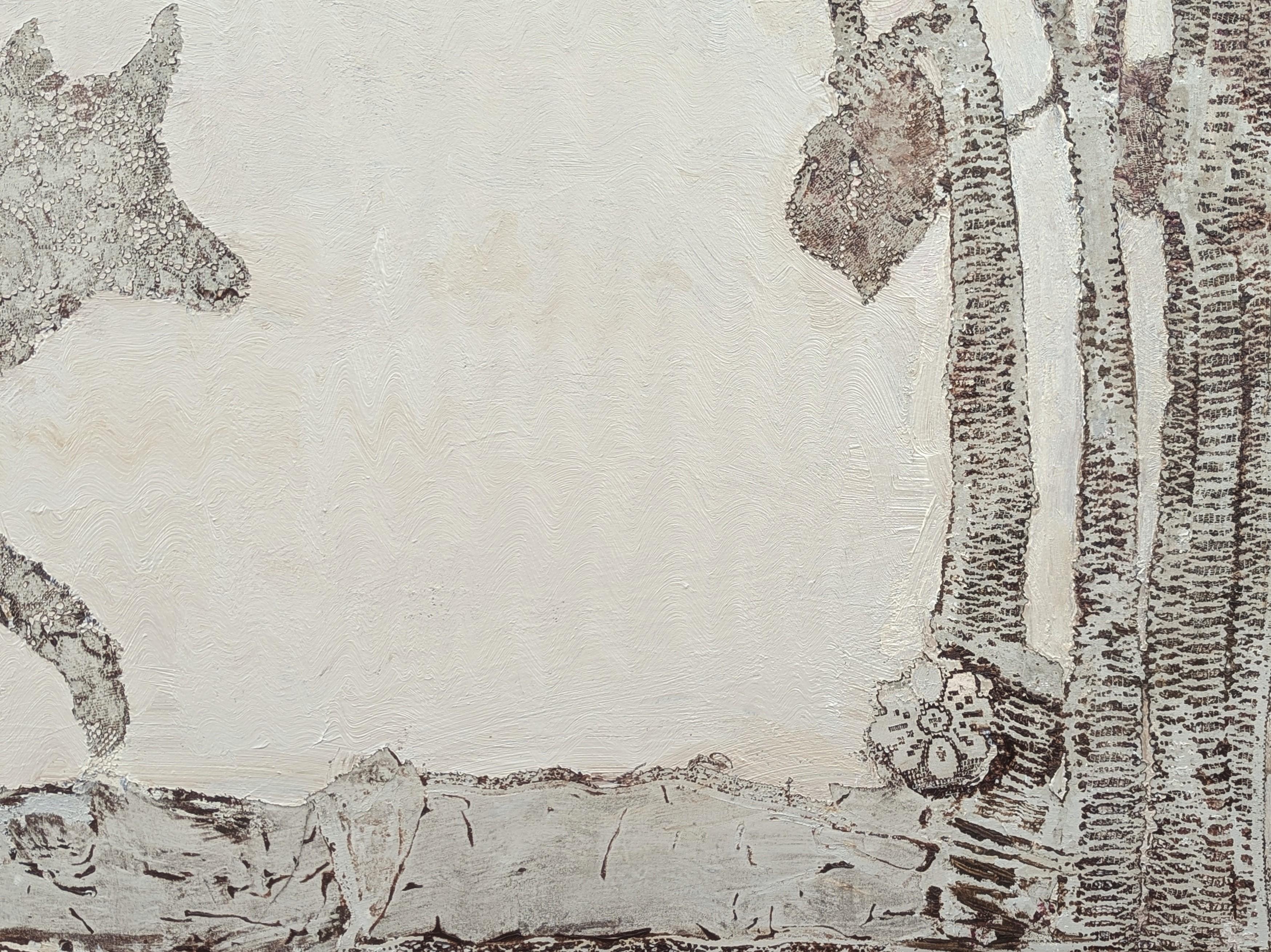 Pintura contemporánea en acrílico dorado de tonos neutros que utiliza una textura de encaje única para crear un paisaje desértico, del artista tejano Mike Hoggg. La obra está firmada, titulada y fechada por el artista en el reverso. Actualmente sin
