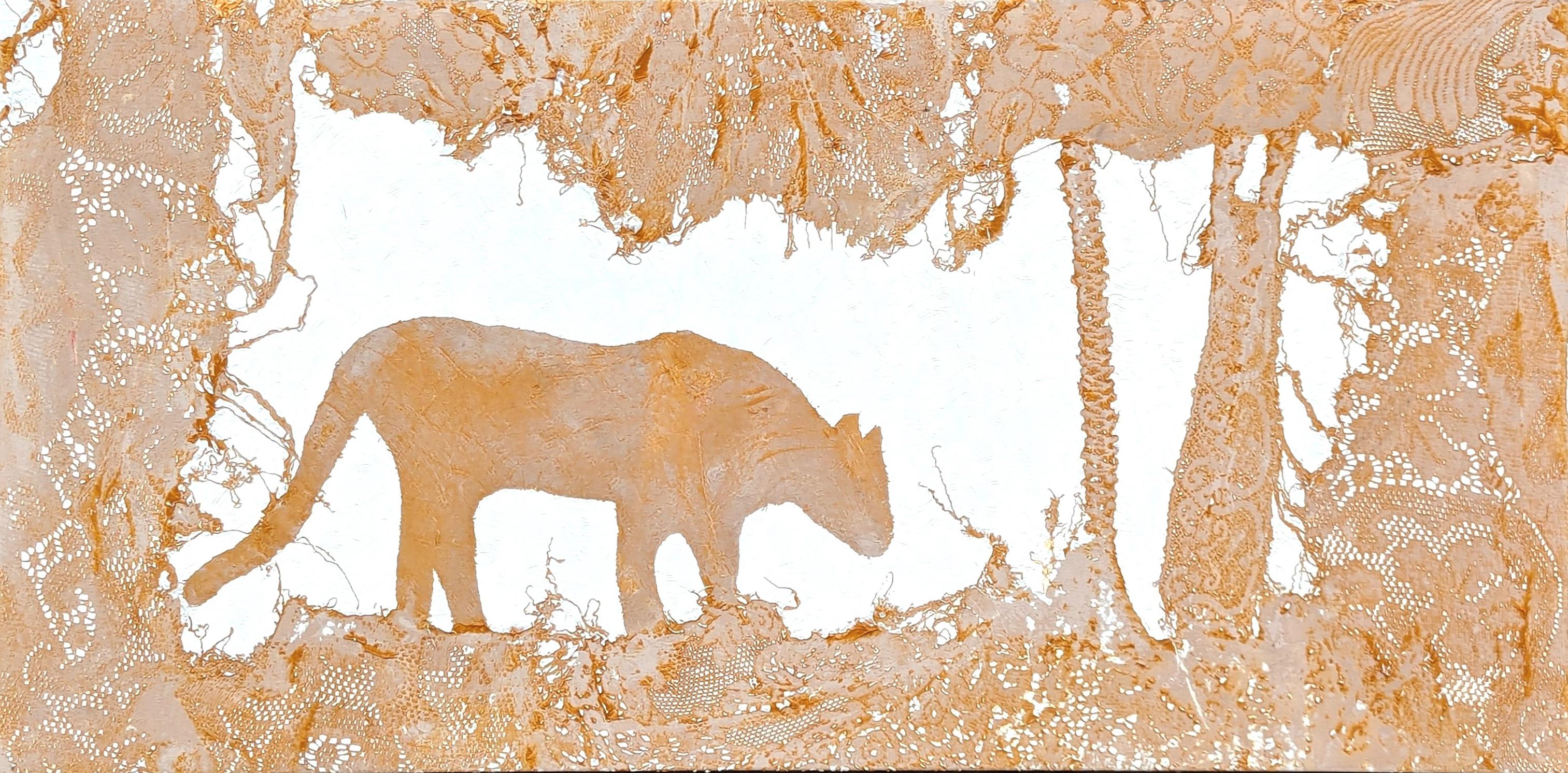 "Bestia de la selva" Pintura abstracta contemporánea en tonos neutros de encaje de animales grandes felinos
