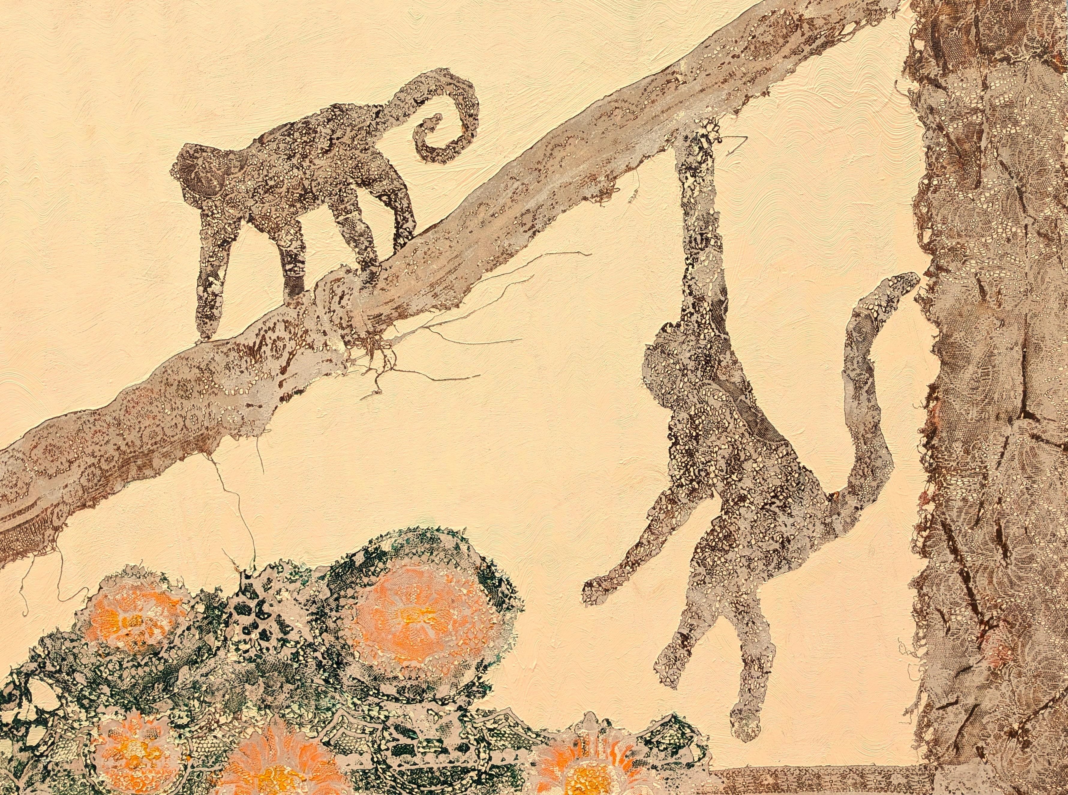 Quadro acrilico contemporaneo dai toni neutri, crema e verde, che utilizza una texture unica di pizzo per creare un paesaggio della giungla con scimmie dell'artista texano Mike Jungling. L'opera è firmata, intitolata e datata dall'artista sul retro.