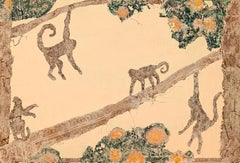"Monkey Business" Pintura abstracta contemporánea en tonos neutros con encaje de animales de la jungla