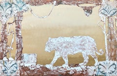 "Spirit Animal" Pintura abstracta contemporánea en tonos neutros de encaje de animales grandes felinos